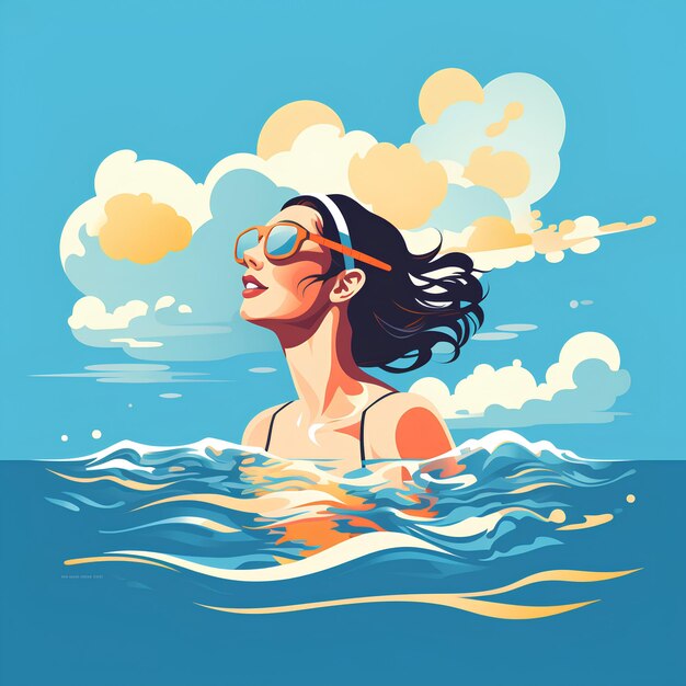 Minimalist flat vector style a beautiful and athletic female swimmer swimming in water