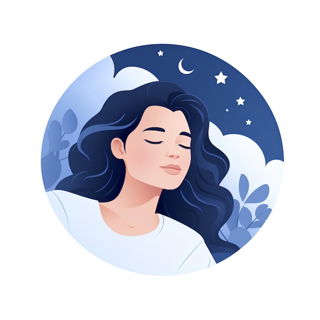 minimalist flat vector style of a beautiful cute female sleeping peaceful night time illustration