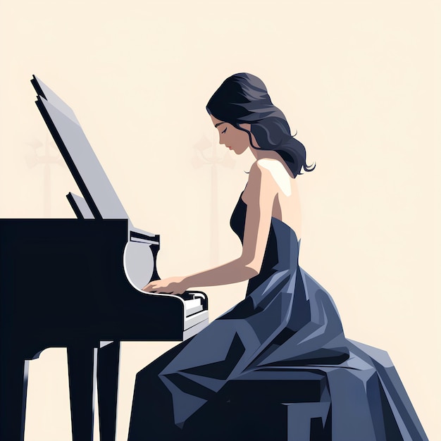 minimalist flat vector style of a woman playing music instruments piano drum amp guitar