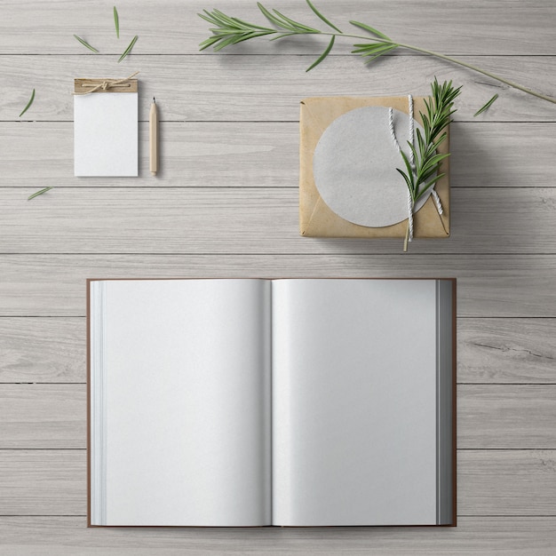 Foto flatlay minimalista con un blocco note e un libro aperto