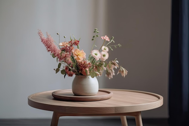 Minimalist flower arrangement on round wooden table in springtime created with generative ai