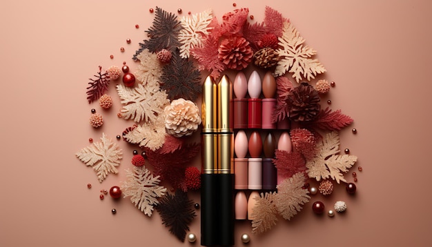minimalist free photo symbolizing a Christmas tree made with makeup cosmetics flatlay photography