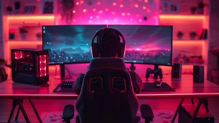 Photo 麗な家具とネオンアクセントでミニマリストなゲーマーセットアップ