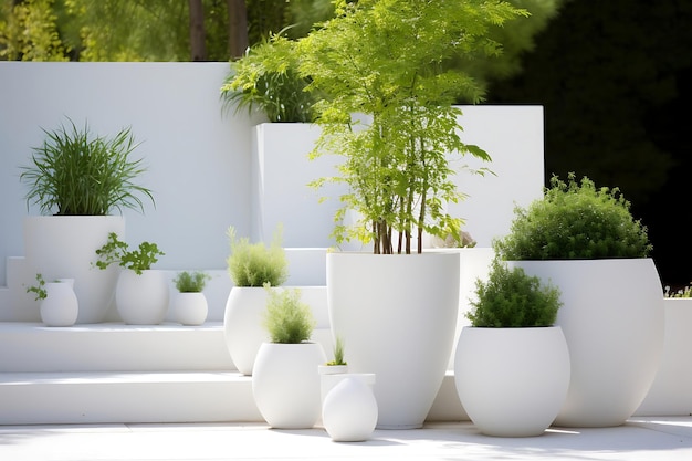 Photo minimalist garden with several plants located in white pots