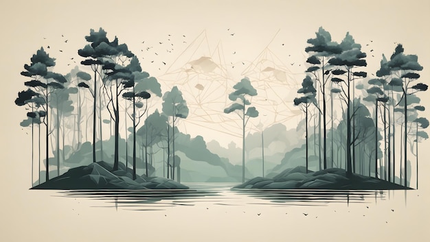 A minimalist geometric vector art illustration of a mysterious forest