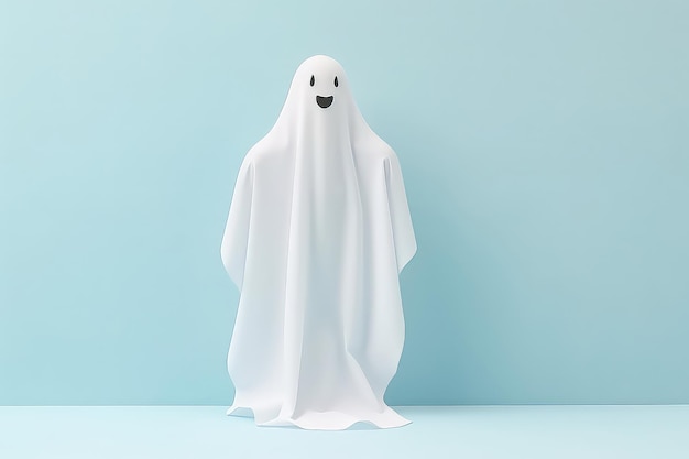 Photo minimalist ghost sheet halloween costume on pastel background