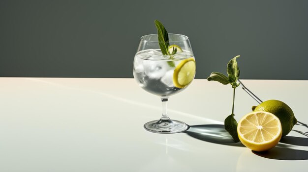 Foto minimalista gin e tonic con rinfrescante twist di limone