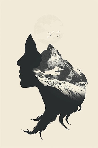 Photo a minimalist graphic design featuring the silhouette of a woman as a mountain