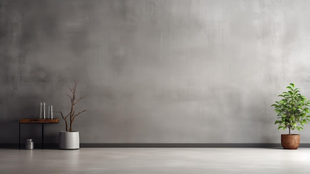 シンプルな灰色の壁と空の部屋に植物のアクセサリーを付けたテーブル