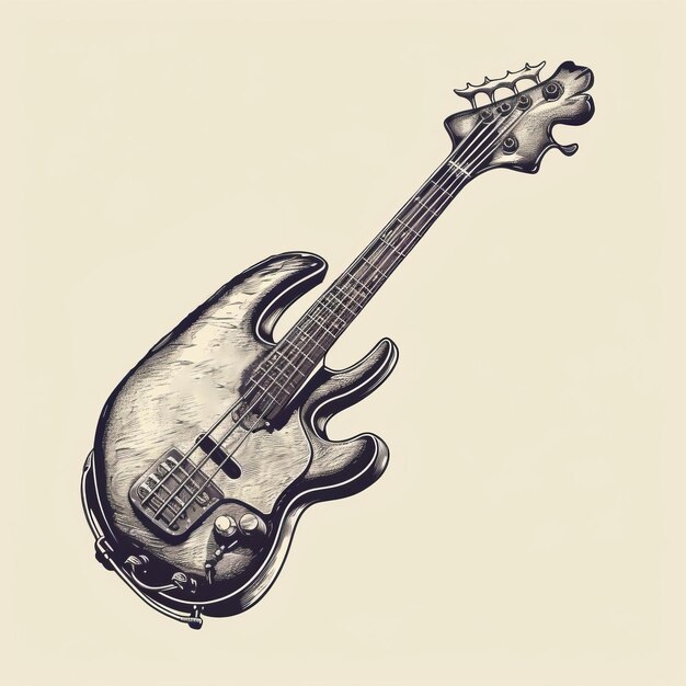 Photo minimalist hand drawn bass guitar illustration with fantastic full face