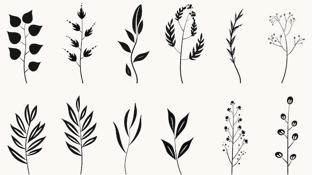 シンプルな手描きの植物のシルエット黒とベージュのベクトル図