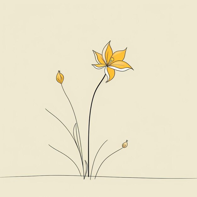 Foto sketch minimalista disegnato a mano di un fiore giallo su uno sfondo beige