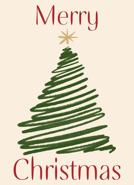 사진 크리스마스 트리와 미니멀리스트 손으로 그린 크리스마스 카드
