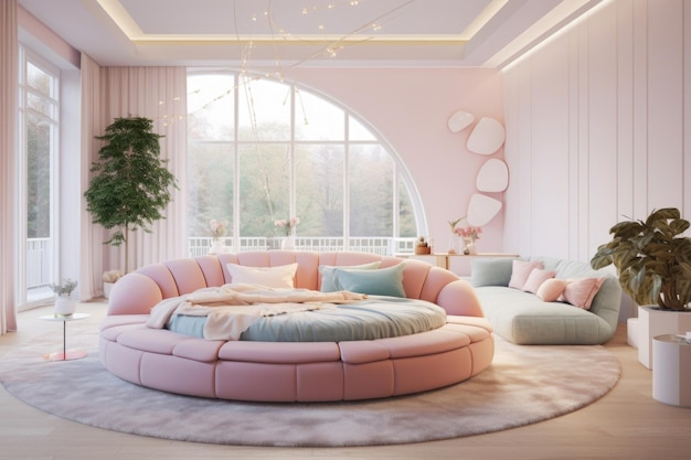 A minimalist haven a round bed plush pillows and a vast window create a cozy interior ambiance