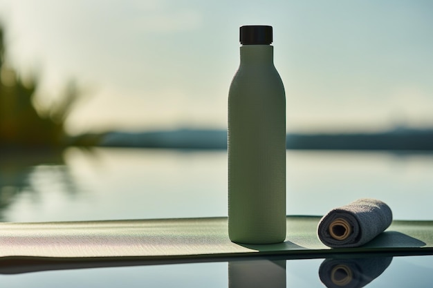 An Minimalist Health Yoga Mat with Water Bottle and Towel