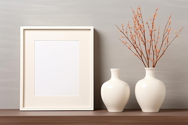 Minimalist Home Beauty Blank Frame with Blooming Floral Vases