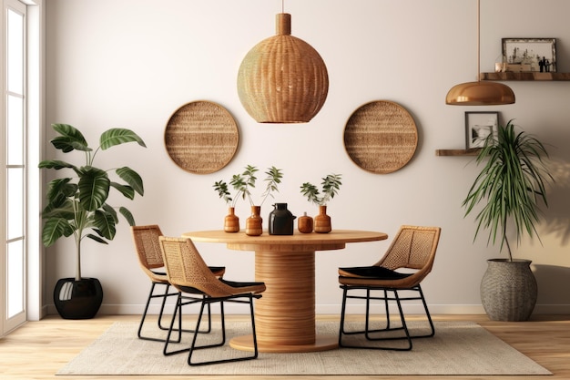 Photo a minimalist home decor template featuring a boho and cozy dining room the space contains a round fa
