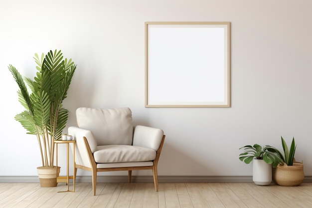 Minimalist home interior design poster frame mockup on white wall