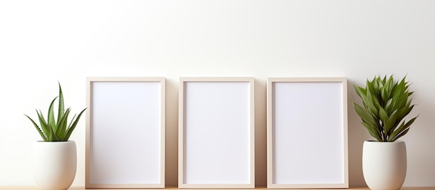 A minimalist home interior is depicted in the photo showcasing an empty white wooden photo frame