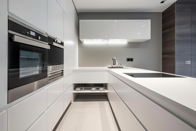 Minimalist home kitchen with sleek countertops and eyecatching appliances