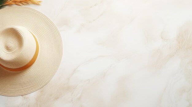 Minimalist home office desk workspace template with straw hat gold accessories and a blank mockup copy space on a marble table