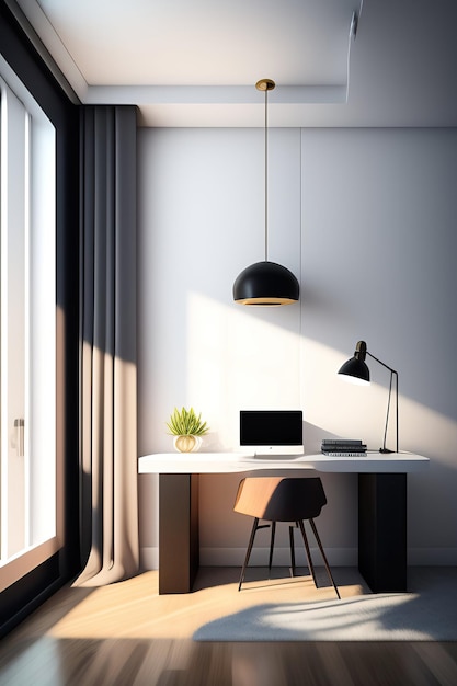 a minimalist home office with a lamp on the table and a lamp.