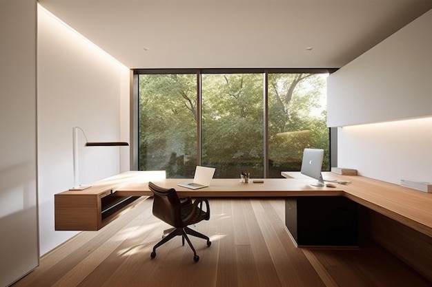 Минималистский домашний офис с гладкой мебелью и большим количеством естественного света, созданный с помощью генеративного AI