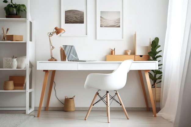 Photo minimalist home office with white desk and ergonomic chair