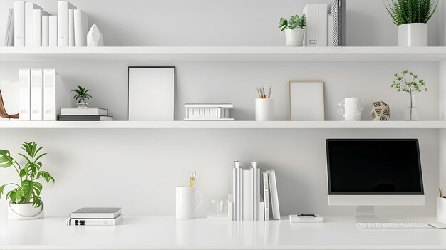 Photo minimalist home office workspace with shelves and laptop
