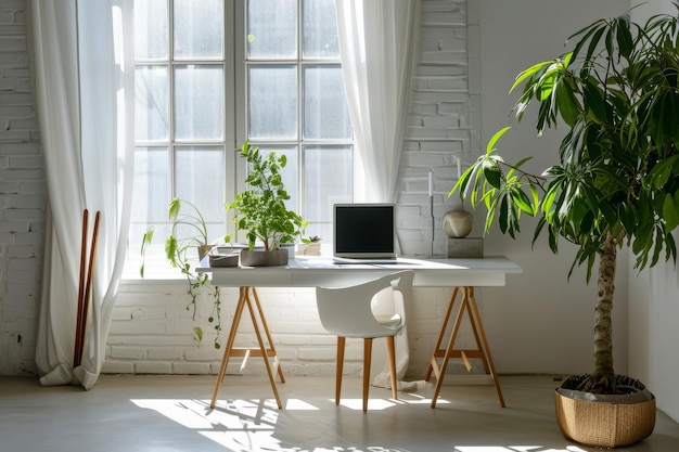 미니멀리즘 홈 오피스: 색 책상, 녹색 식물, 풍부한 자연 빛, 인공지능이 생성한