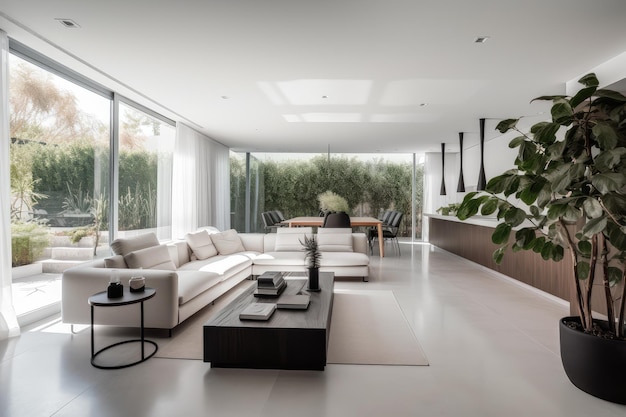 Minimalist home with natural light plants and sleek furniture