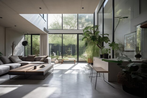 Minimalist home with natural light plants and sleek furniture