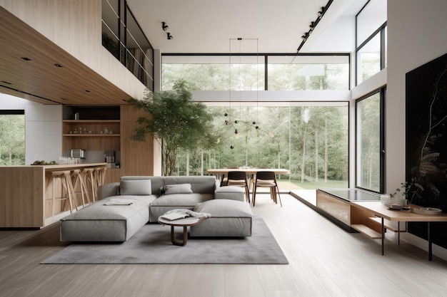 Minimalist home with open floor plan floating furniture and natural light created with generative ai