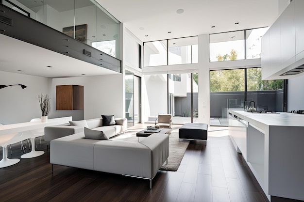 Minimalist home with open floor plan natural lighting and sleek furnishings
