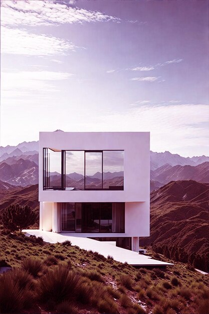Foto casa minimalista con una vista mozzafiato del tramonto o dell'alba