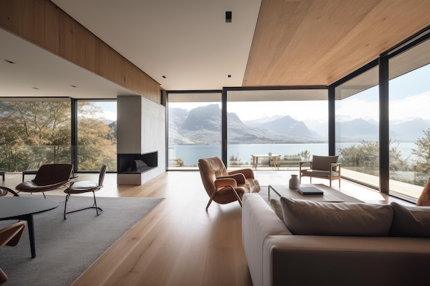 Minimalist home with stunning views of the outdoors including mountain and lakeside views