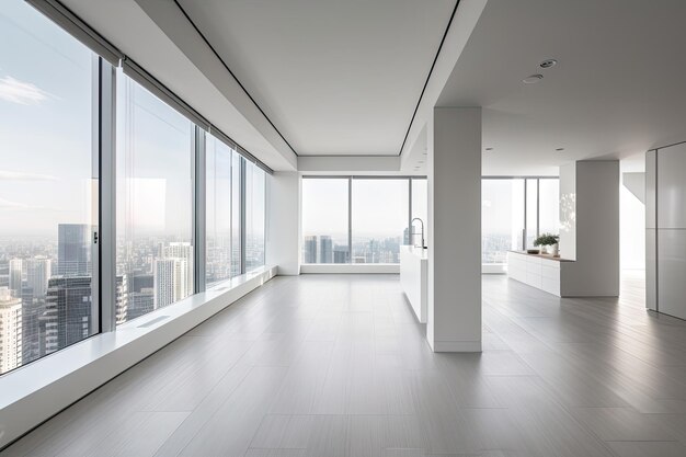 Minimalist home with view of bustling cityscape outside windows