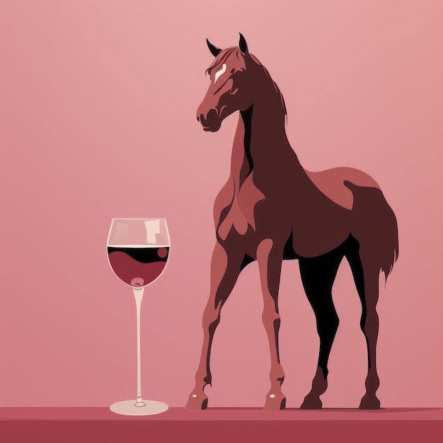 Minimalist Horse And Wine Glass Illustration In Dark Pink And Light Maroon