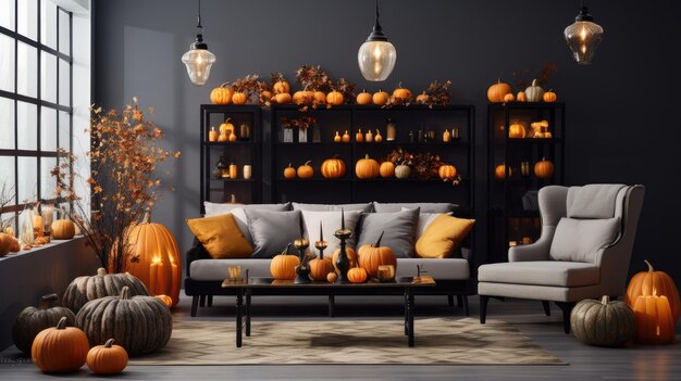 A minimalist house adorned with cozy pumpkins in various shapes and sizes the image should evoke a warm and inviting atmosphere embodying both thanksgiving and halloween spirit