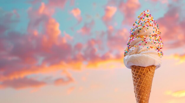 A minimalist ice cream cone with sprinkles against a pastel sunset AI generated illustration