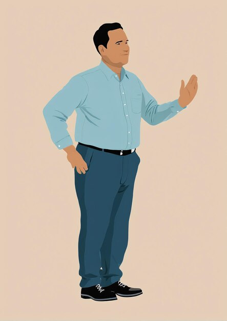사진 푸른 셔츠와 청바지를 입은 남자가 이에 손을 고 서 있는 미니멀리즘 일러스트레이션