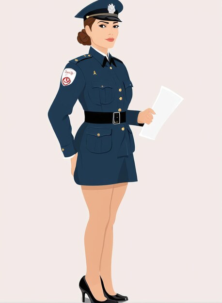 사진 유니폼 을 입은 여성 경찰관 이 문서 를 들고 있는 미니멀 한 일러스트레이션