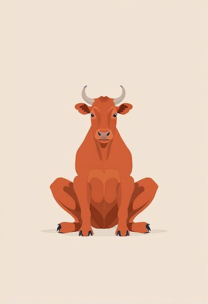Foto illustrazione minimalista un toro marrone seduto a terra
