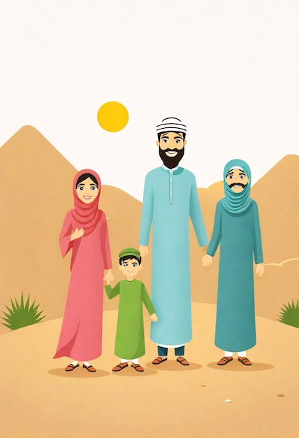 Minimalist illustration a family in the desert