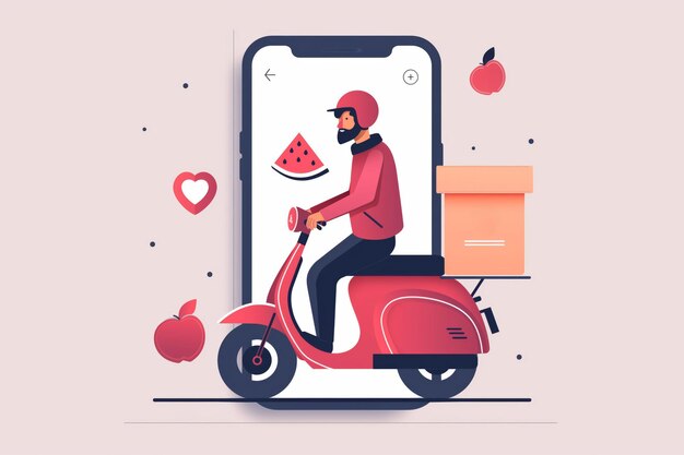 Foto illustrazione minimalista di un'interfaccia di app di consegna di cibo con un corriere su uno scooter