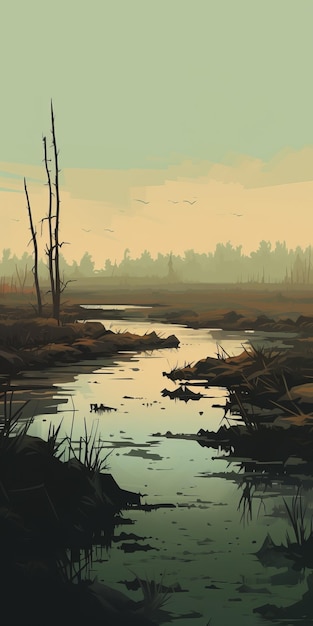 Minimalist Illustration Of A Hazy Bog With Dead Trees