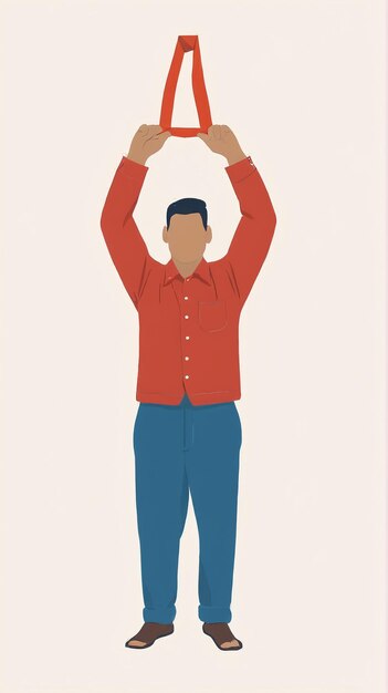 Minimalist illustration a man holding up a red ribbon