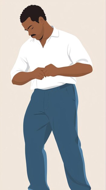 Minimalist illustration a man in a white shirt and blue pants is standing on a skateboard