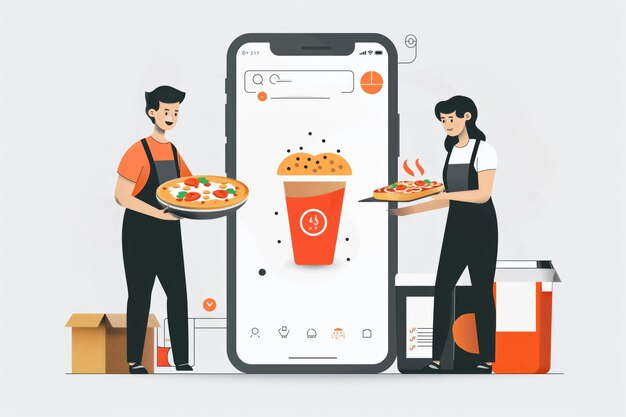 Foto illustrazione minimalista che mostra un'interfaccia di app di consegna di cibo su un dispositivo mobile con corrieri e ordini