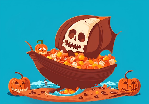 Minimalist illustration of a spooky pirate ship